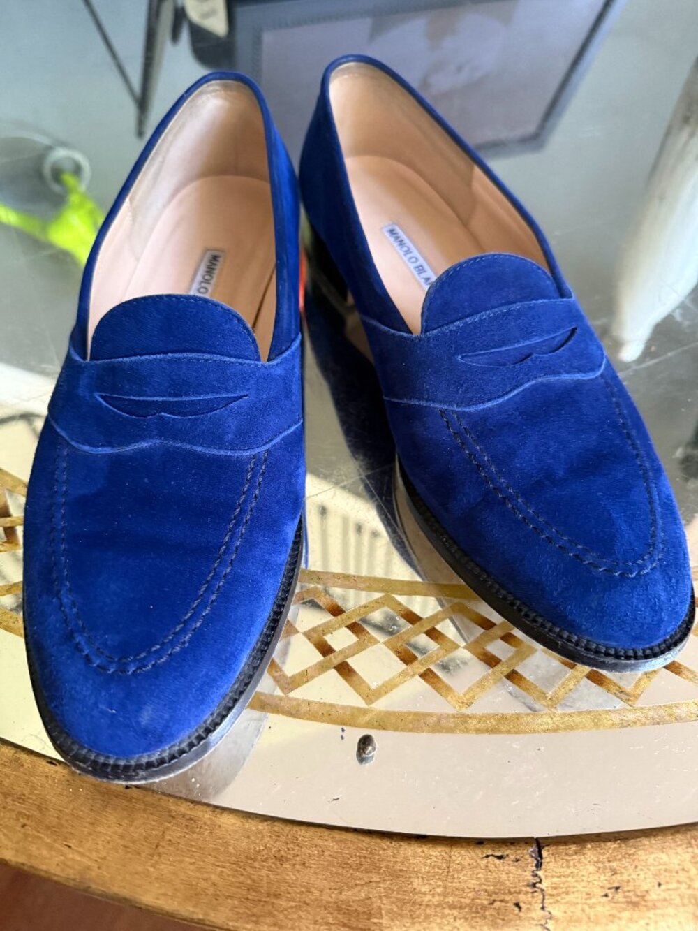 Manola Blahnik  Blue Suede Penny Loafers  size 40